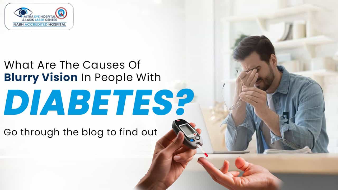 Man with blurry vision checking blood sugar levels for diabetes.