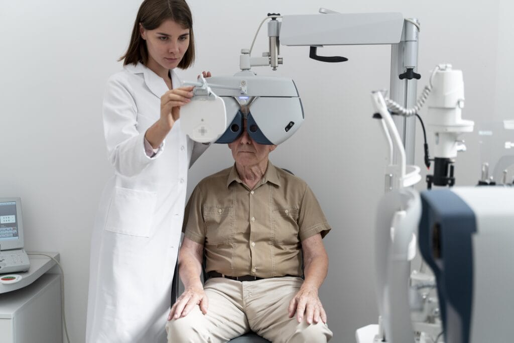 Optometrist performing eye exam on elderly patient with advanced equipment.