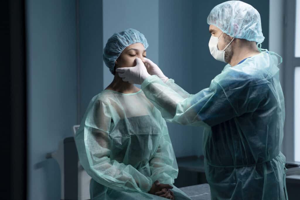 Oculoplasty surgeon examining a patient's eye in a clinical setting.
