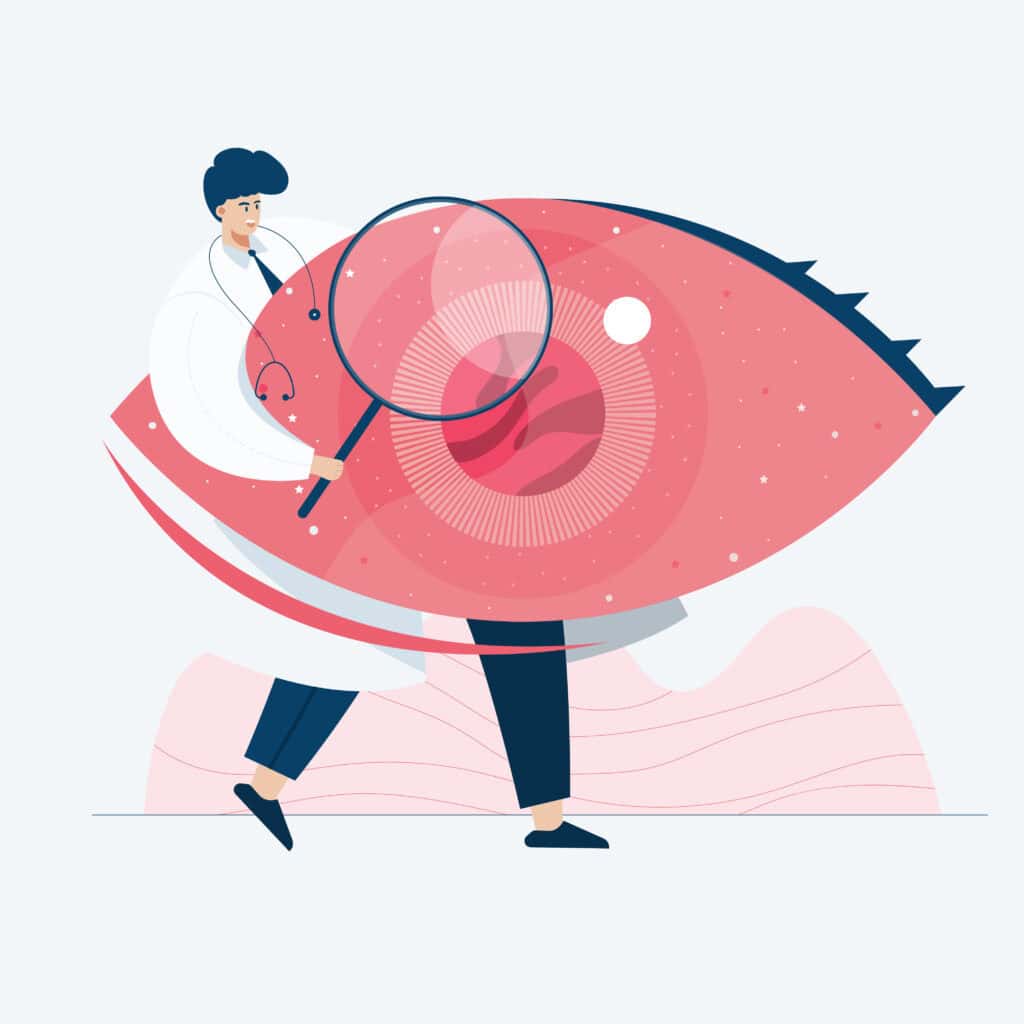 Flat vector illustration of a tiny eye doctor looking through a large magnifying glass at a giant red human eye.