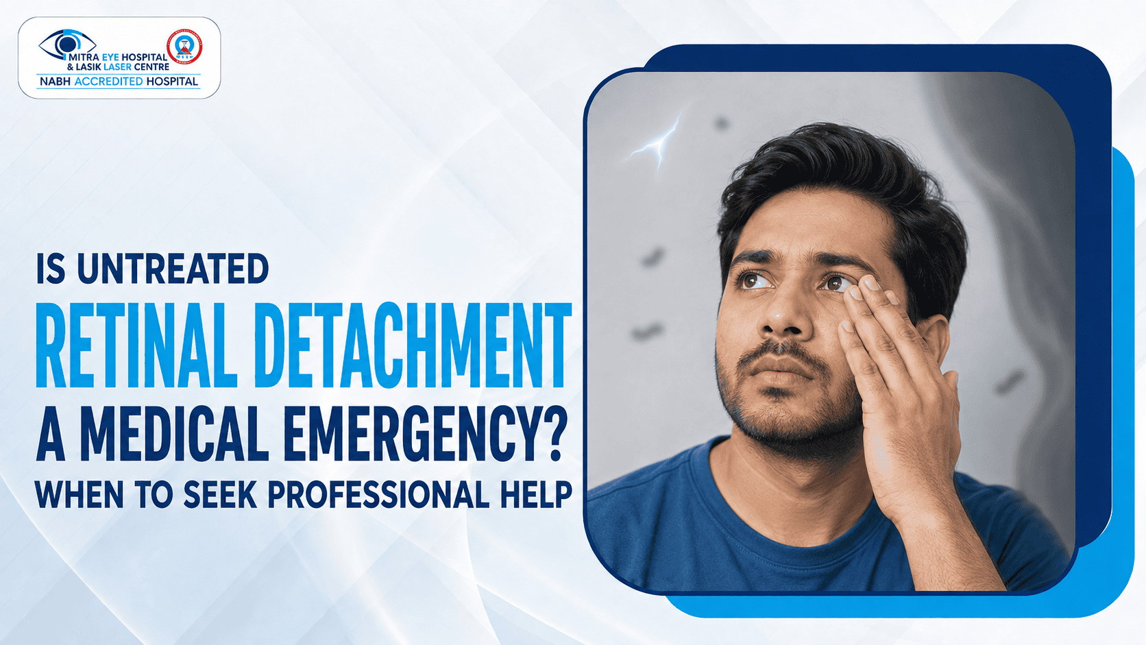 Man experiencing floaters, flashing lights and a curtain-like shadow—warning signs of retinal detachment.