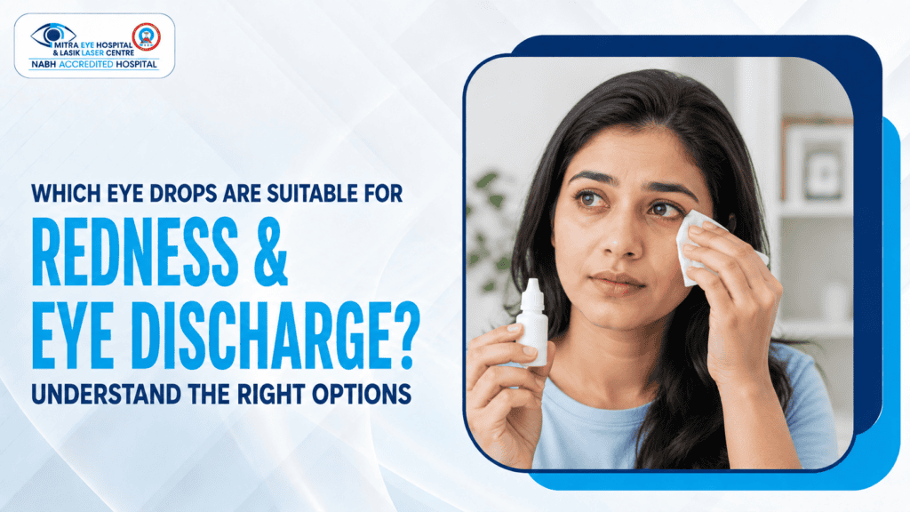 Woman applying eye drops for redness and eye discharge relief.
