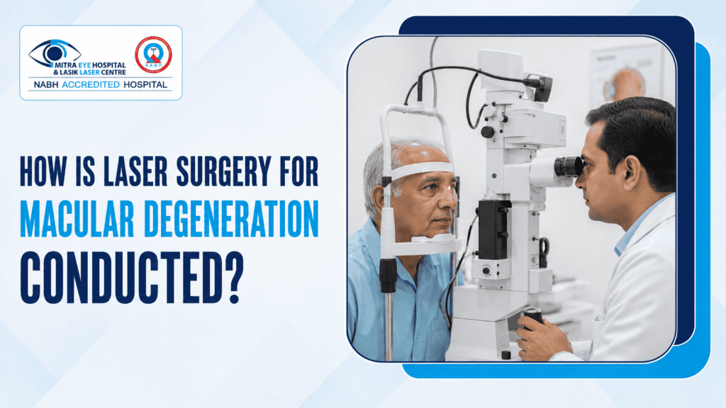Ophthalmologist conducting retinal laser surgery for macular degeneration on an elderly patient at Mitra Eye Hospital.