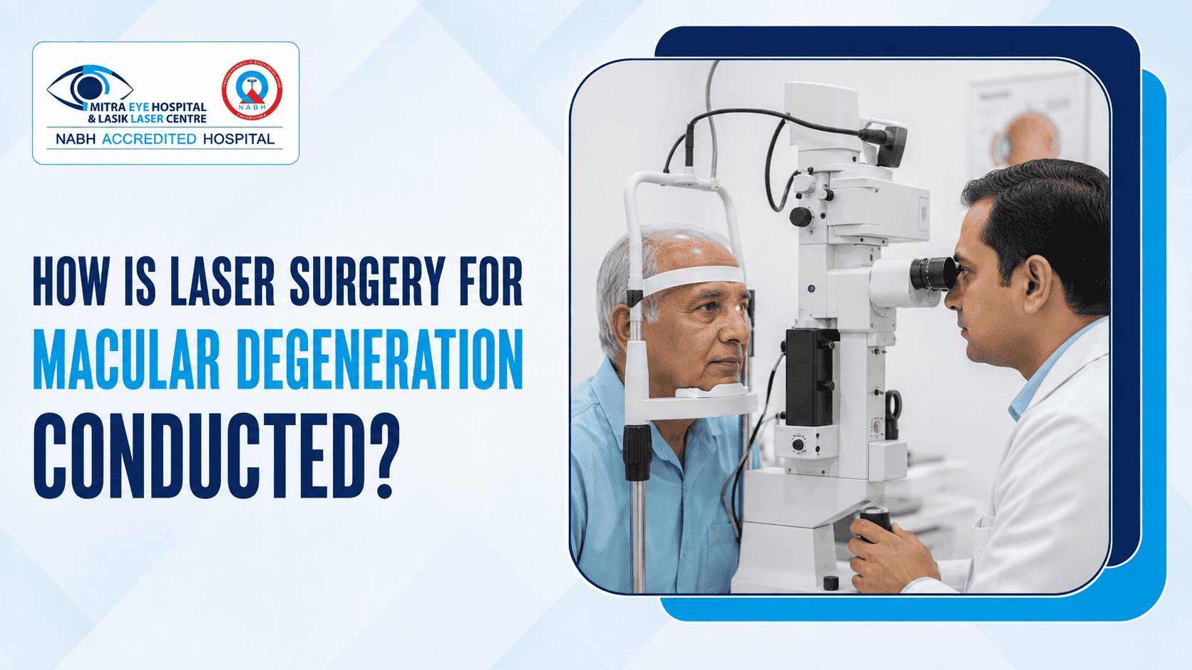 Ophthalmologist conducting retinal laser surgery for macular degeneration on an elderly patient at Mitra Eye Hospital.