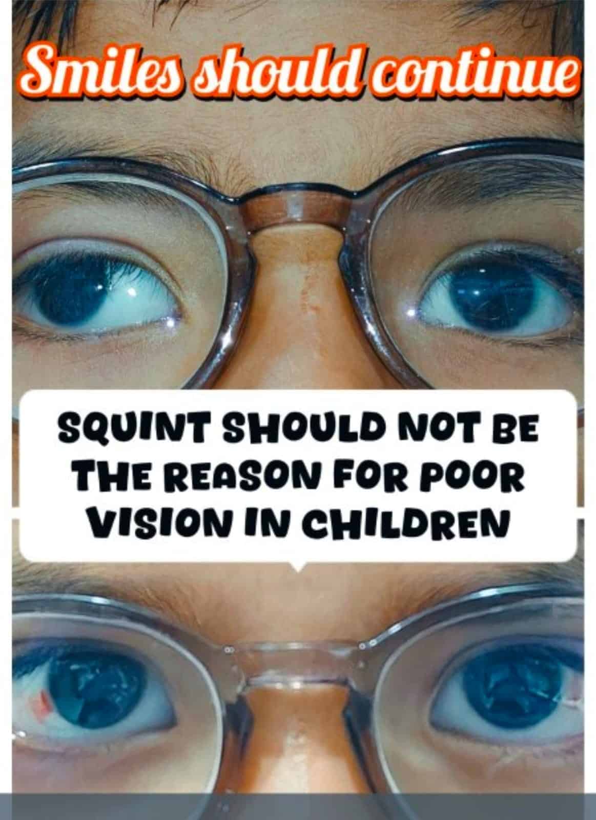 Child wearing glasses with healthy eyes promoting good vision and smiles.